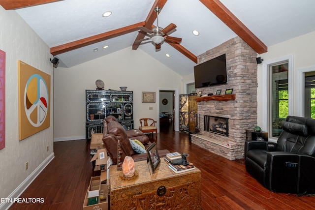 living room featuring high vaulted ceiling, ceiling fan, dark hardwood / wood-style floors, beamed ceiling, and a fireplace