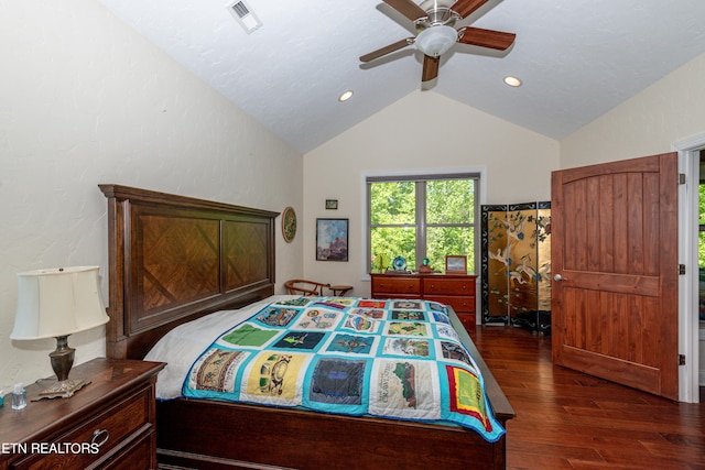 bedroom featuring dark wood-type flooring, ceiling fan, and lofted ceiling