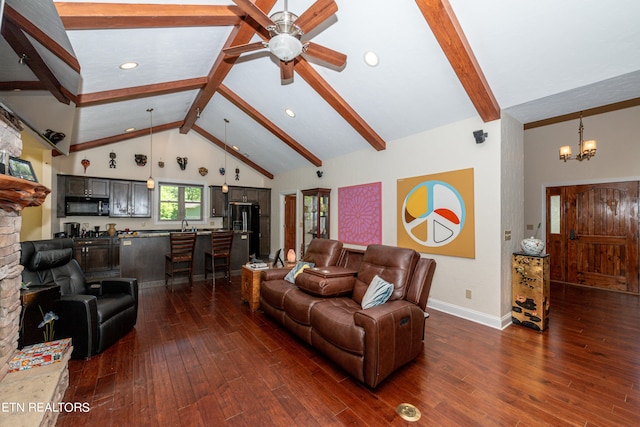 living room with ceiling fan with notable chandelier, dark wood-type flooring, high vaulted ceiling, and beamed ceiling