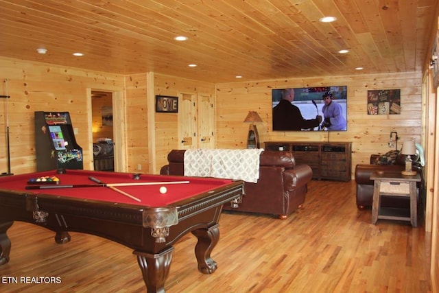 playroom with wood ceiling, wood-type flooring, wooden walls, and billiards