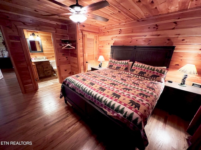 bedroom with ceiling fan, dark hardwood / wood-style floors, and wood ceiling