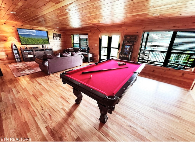 playroom with wooden ceiling, light hardwood / wood-style flooring, and billiards