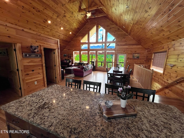 kitchen featuring wood ceiling, hardwood / wood-style floors, and ceiling fan