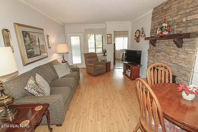 living room with a textured ceiling, hardwood / wood-style flooring, and a stone fireplace