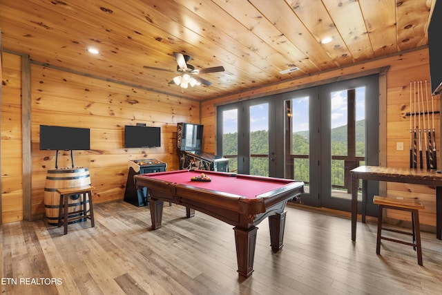 recreation room featuring ceiling fan, french doors, billiards, hardwood / wood-style flooring, and wooden ceiling