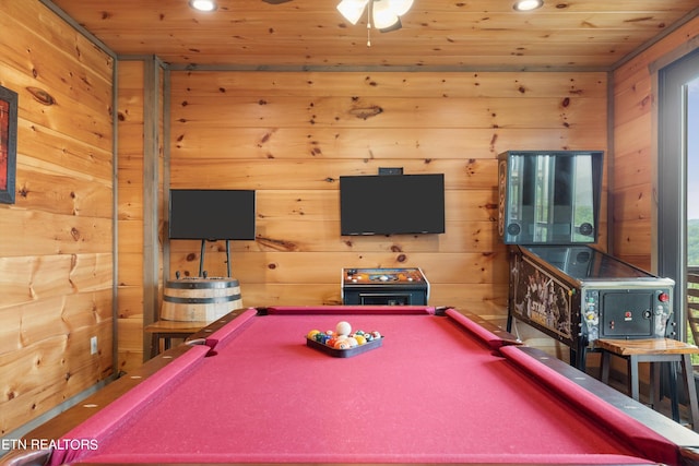 playroom featuring wooden ceiling and pool table