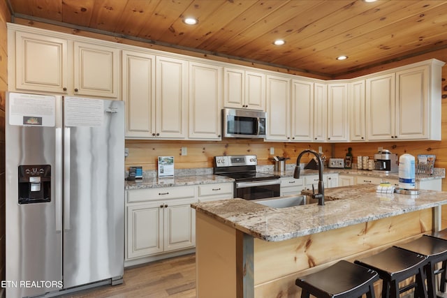 kitchen featuring stainless steel appliances, wooden ceiling, sink, and light hardwood / wood-style floors