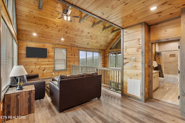 living room featuring light hardwood / wood-style flooring, ceiling fan, wood ceiling, wooden walls, and lofted ceiling with beams