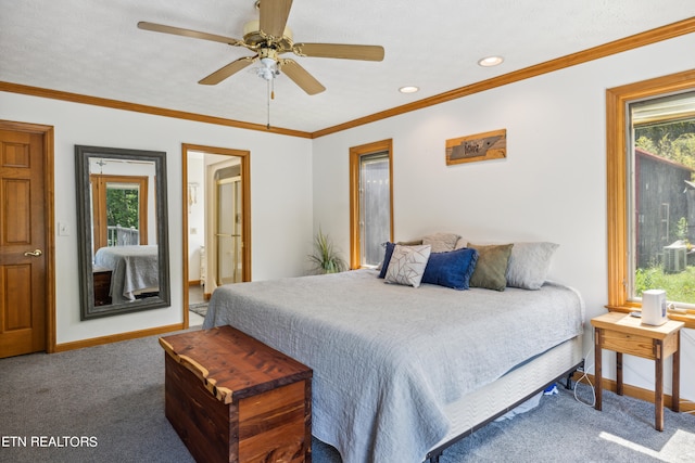 bedroom featuring carpet, ceiling fan, and ornamental molding