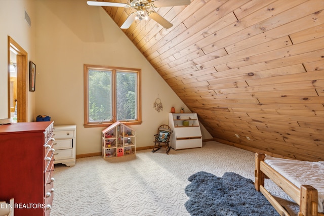 carpeted bedroom with ceiling fan, vaulted ceiling, and wood ceiling