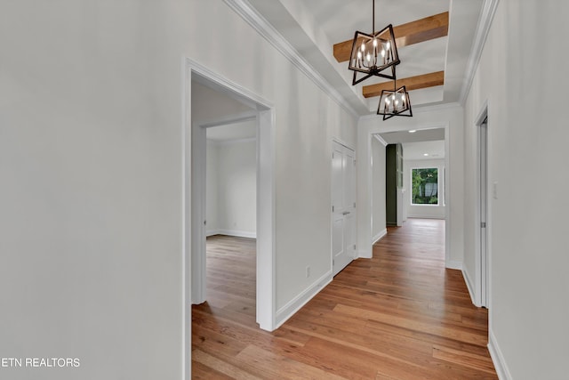 corridor with ornamental molding, an inviting chandelier, light wood-type flooring, and a towering ceiling