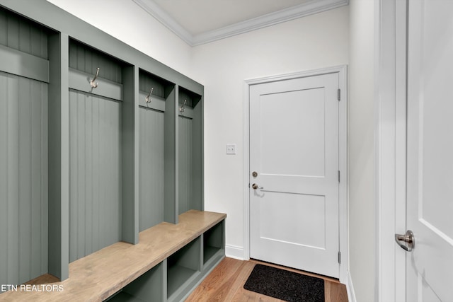 mudroom featuring crown molding and light wood-type flooring