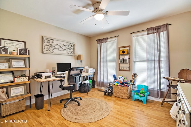 office featuring light hardwood / wood-style floors and ceiling fan