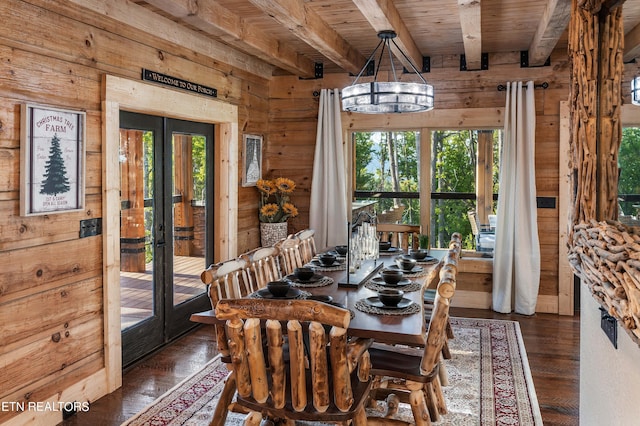 dining area with dark hardwood / wood-style flooring, beamed ceiling, french doors, wood walls, and wooden ceiling