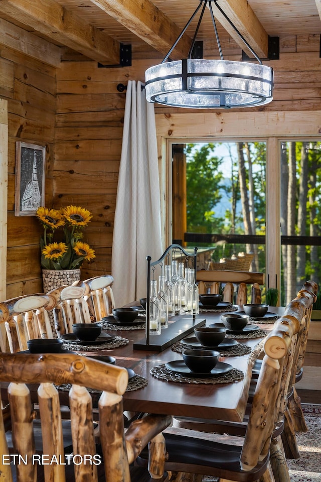 dining room featuring beam ceiling, wooden walls, and wooden ceiling