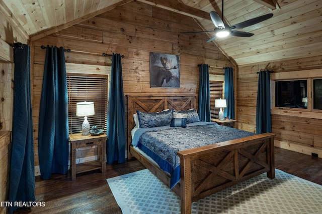 bedroom with lofted ceiling, wood ceiling, dark hardwood / wood-style flooring, wood walls, and ceiling fan