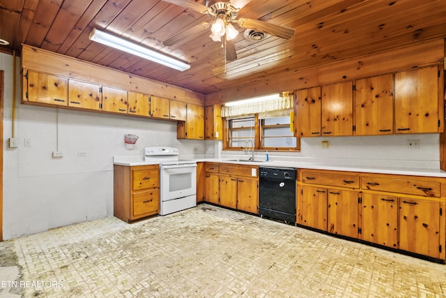 kitchen featuring ceiling fan, light tile floors, white electric stove, black dishwasher, and wooden ceiling