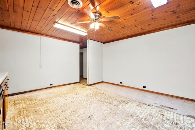 empty room with wooden ceiling and ceiling fan