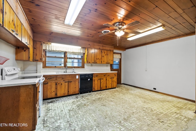 kitchen with ceiling fan, light tile floors, white range with electric stovetop, black dishwasher, and wooden ceiling