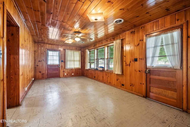 interior space with wooden walls, ceiling fan, and wooden ceiling