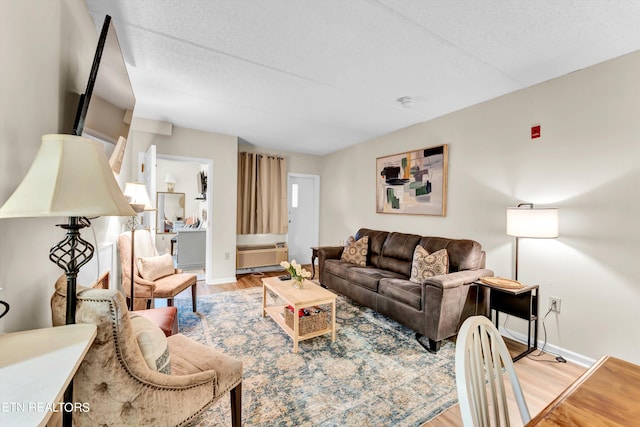 living room featuring light wood-type flooring and a textured ceiling