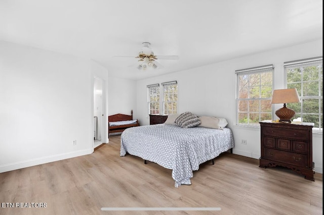 bedroom featuring light hardwood / wood-style floors and ceiling fan