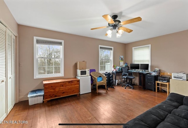 office area featuring ceiling fan and hardwood / wood-style flooring