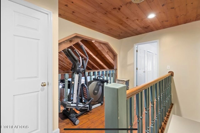 interior space with wood-type flooring and wooden ceiling