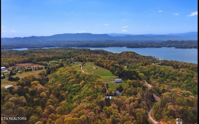 drone / aerial view featuring a water and mountain view