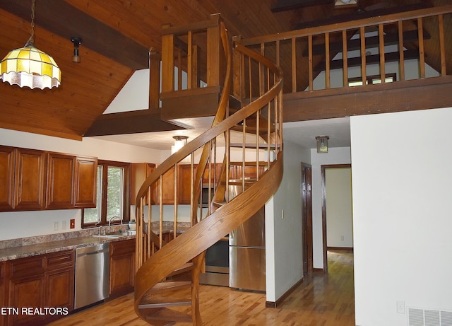 kitchen featuring lofted ceiling with beams, sink, dishwasher, light wood-type flooring, and wooden ceiling