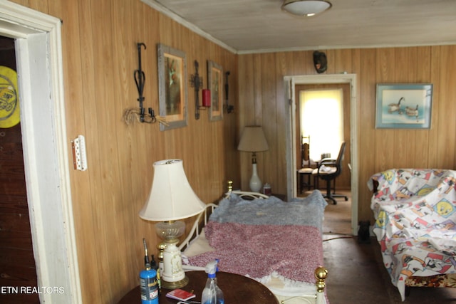 living room featuring wooden walls