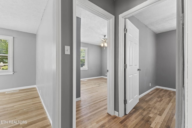 hall featuring hardwood / wood-style flooring and a textured ceiling