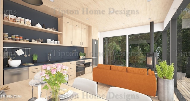 interior space featuring wooden ceiling, sink, and light wood-type flooring