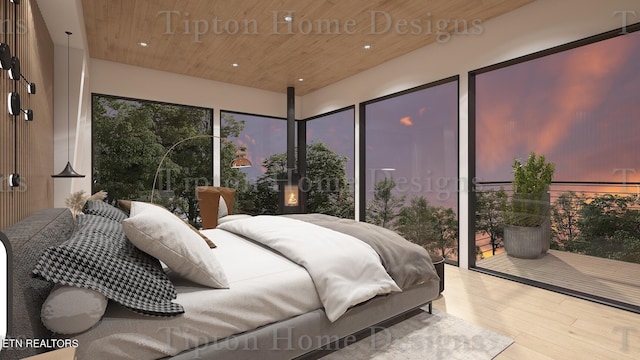 bedroom featuring wooden ceiling, hardwood / wood-style floors, and access to outside