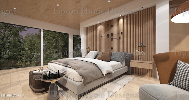 bedroom with wooden ceiling and light hardwood / wood-style floors