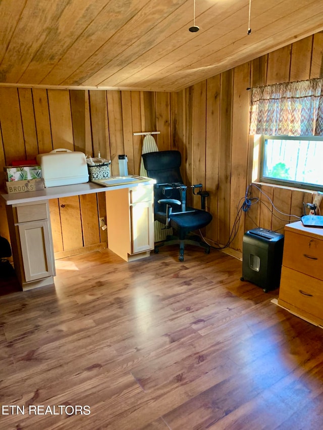 kitchen featuring wooden walls, hardwood / wood-style floors, and wood ceiling