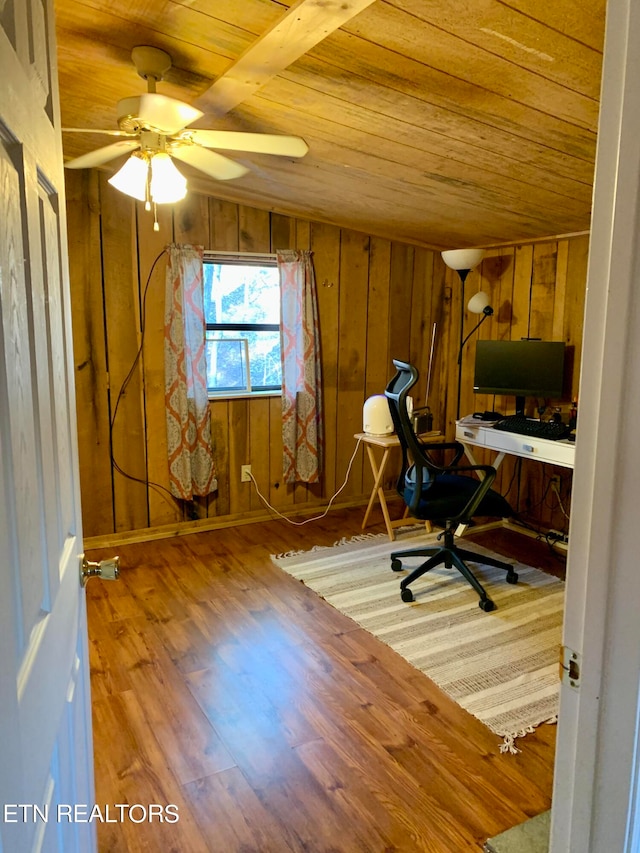 office featuring ceiling fan, hardwood / wood-style flooring, wooden walls, lofted ceiling, and wooden ceiling