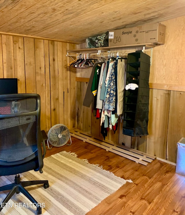 walk in closet featuring baseboard heating and hardwood / wood-style floors