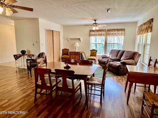 dining space with hardwood / wood-style floors, ceiling fan, and a textured ceiling