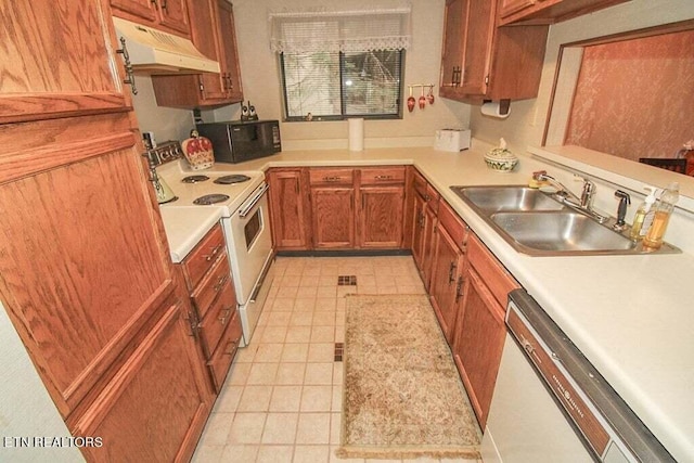 kitchen with premium range hood, white electric range oven, sink, and light tile floors