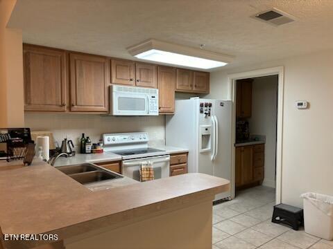 kitchen with kitchen peninsula, sink, and white appliances