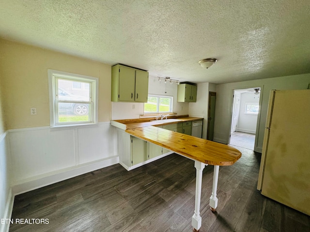 kitchen featuring sink, dark hardwood / wood-style flooring, a textured ceiling, and white fridge