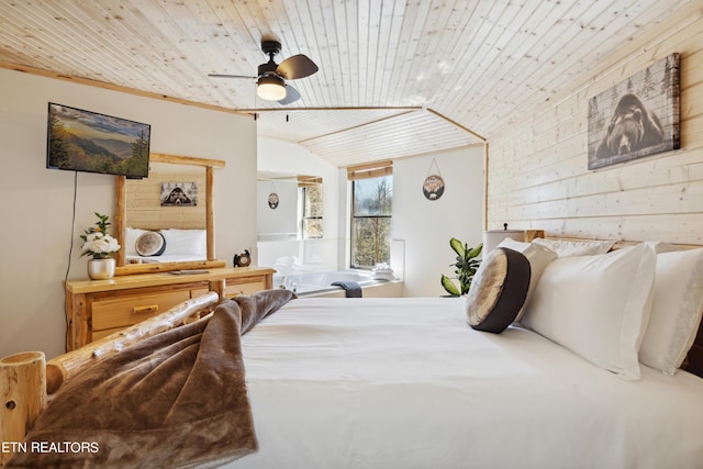 bedroom with ceiling fan, wooden ceiling, lofted ceiling, and wooden walls