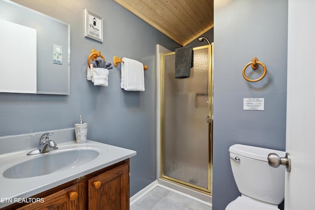 bathroom with an enclosed shower, lofted ceiling, wood ceiling, vanity, and toilet