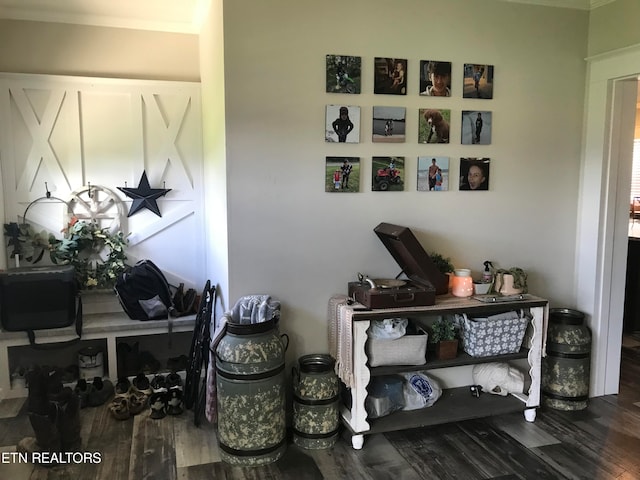 interior space with wood-type flooring and crown molding