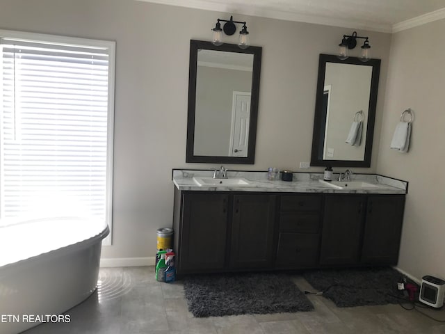 bathroom with tile flooring, crown molding, and double vanity