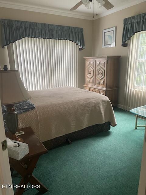 bedroom with ornamental molding, ceiling fan, and carpet floors