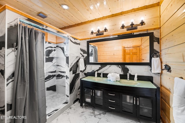 bathroom featuring a shower with curtain, dual bowl vanity, wooden walls, and wooden ceiling