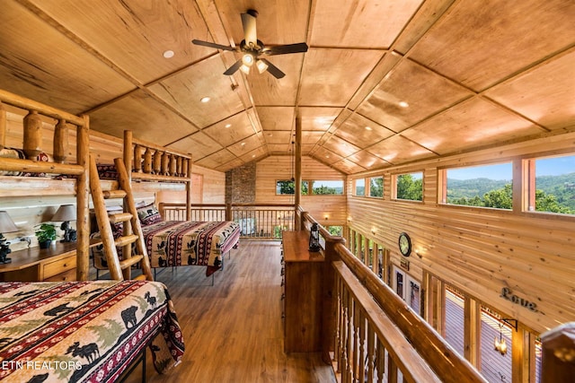 interior space with wood walls, wood-type flooring, wooden ceiling, and lofted ceiling