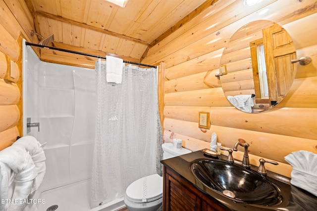 bathroom featuring curtained shower, wooden ceiling, oversized vanity, rustic walls, and toilet